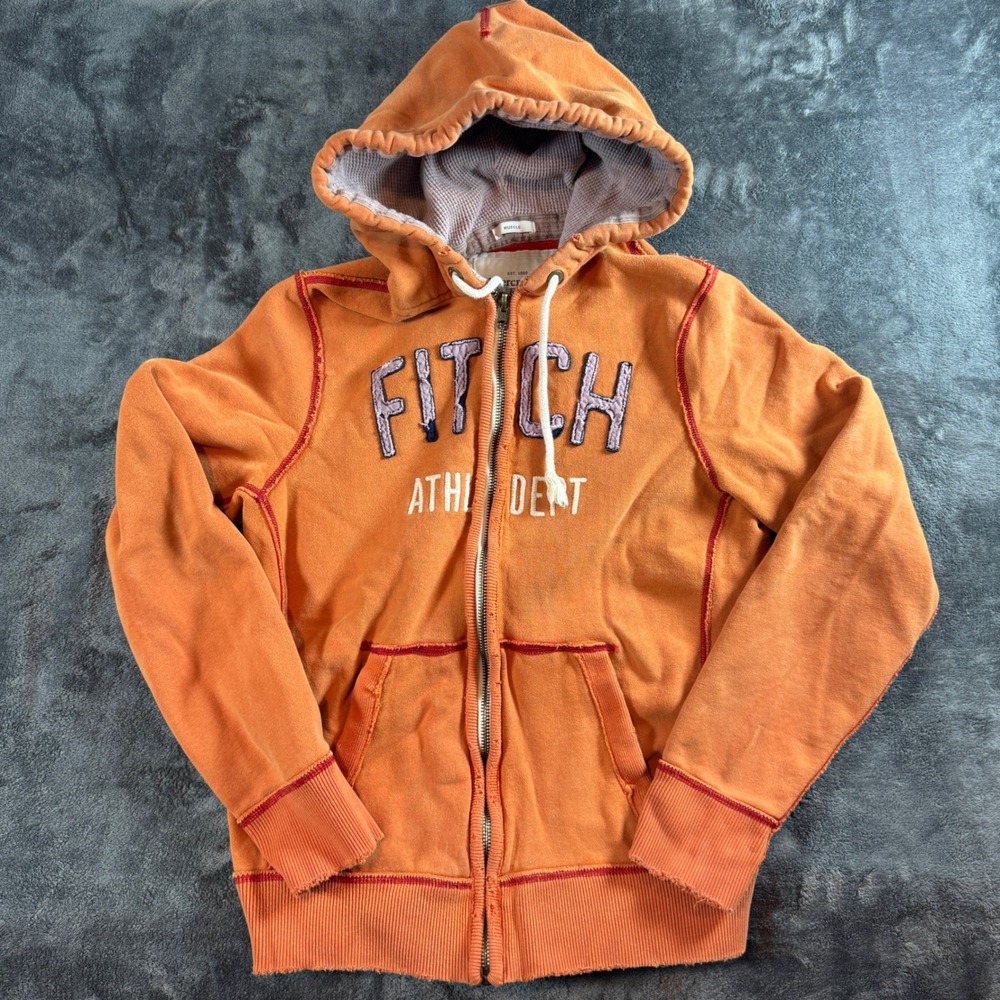 Abercrombie & Fitch Mens XL Orange Muscle Zip Up Hoodie Distressed Athl Dept Y2K